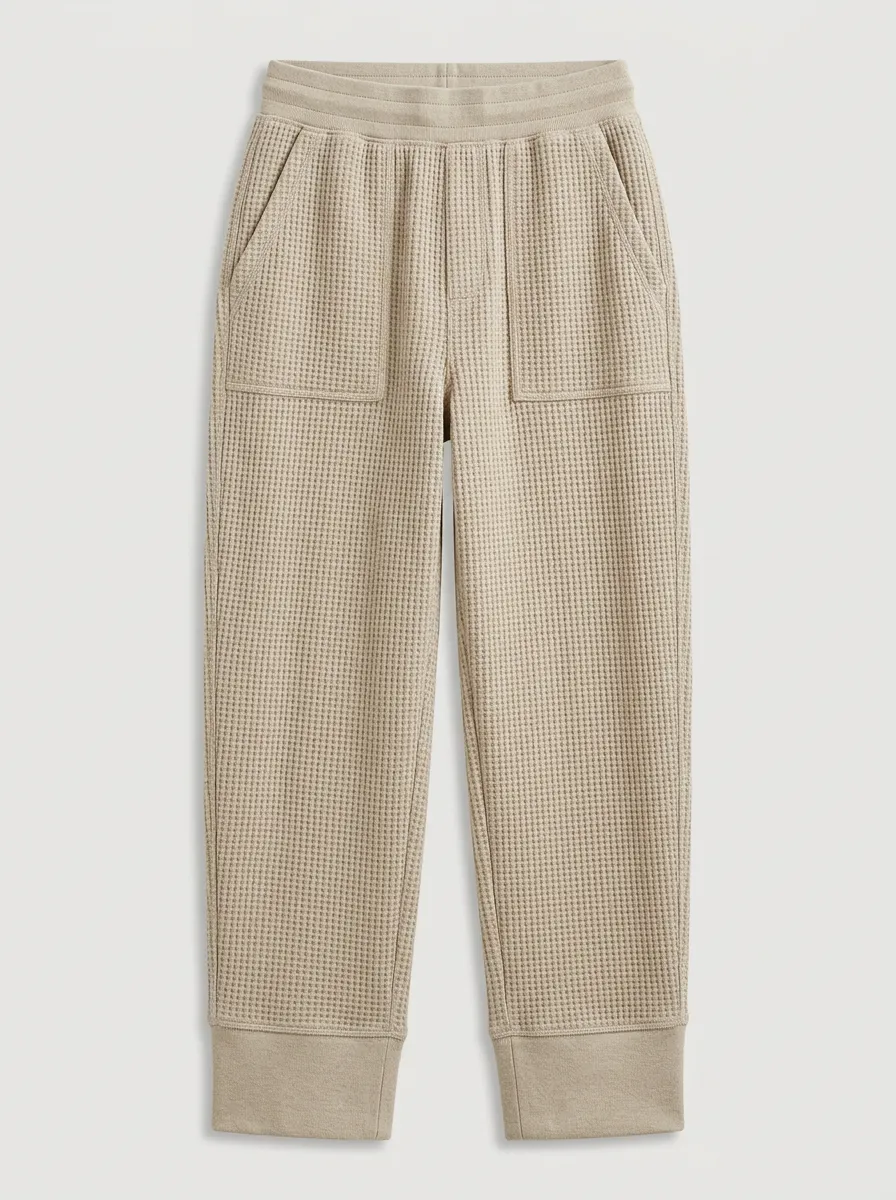 Unisex Casual Beige Waffle Knit Elastic Waist Jogger Pants for Casual Wear