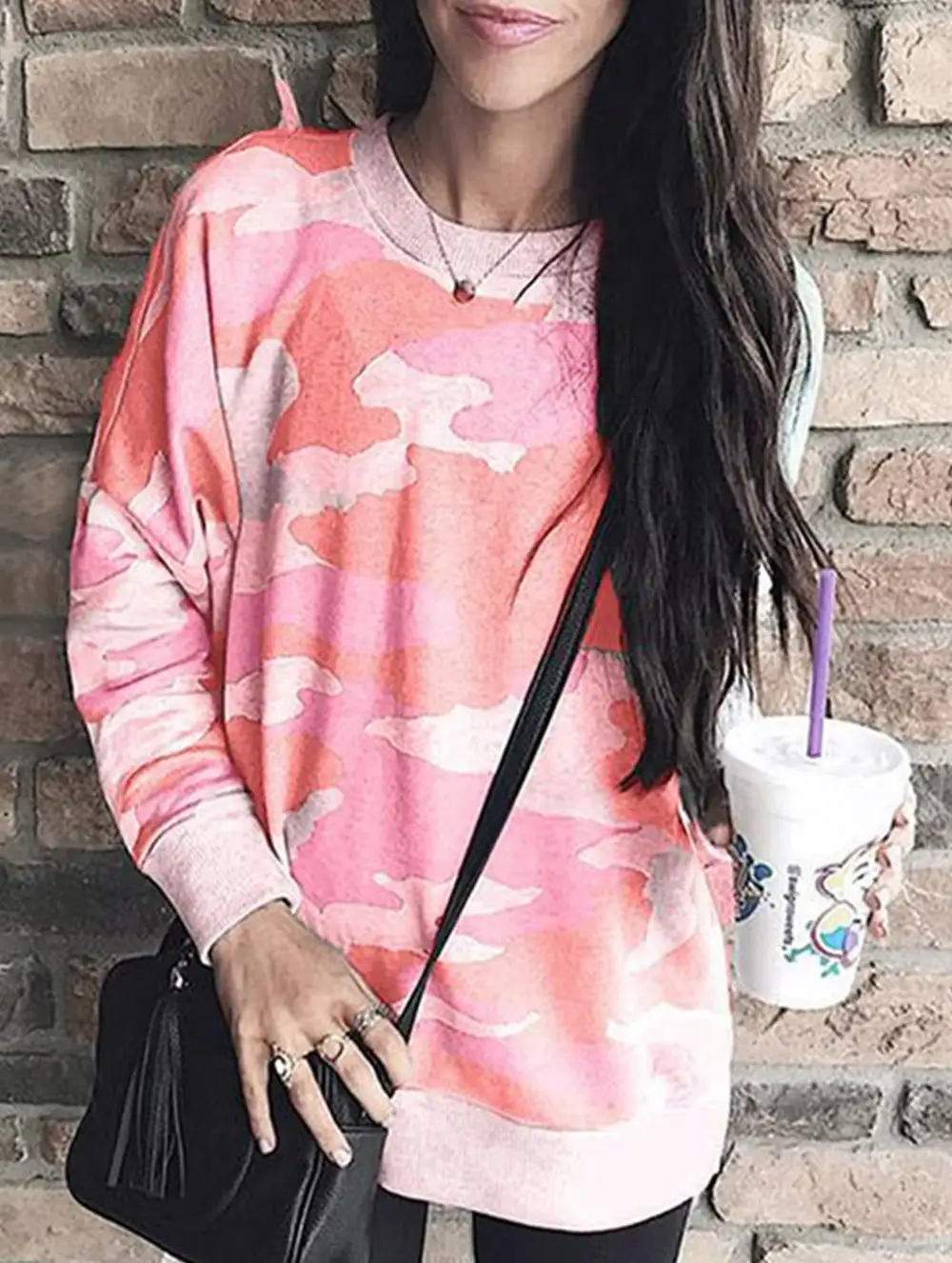 Camouflage Print Crew Neck Long-Sleeved Top