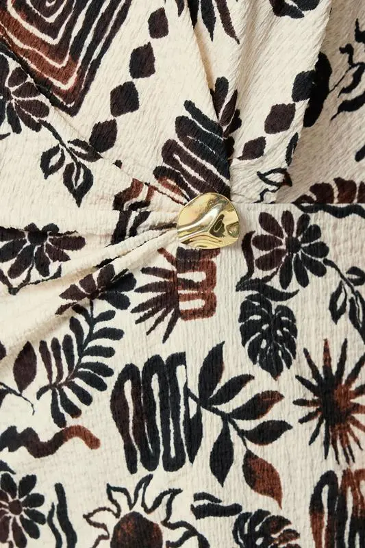 Natural Brown Summer Print Crinkle Grown On Sleeve Top