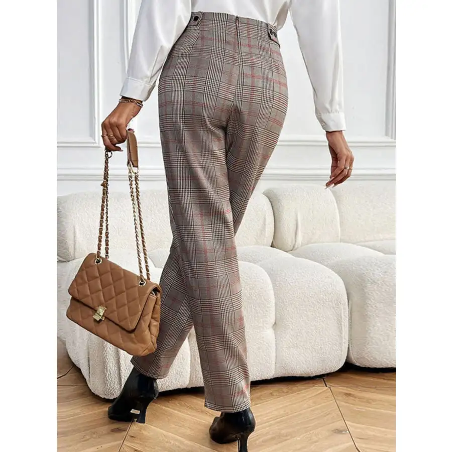 Perfee Plaid Straight Pants with Pockets