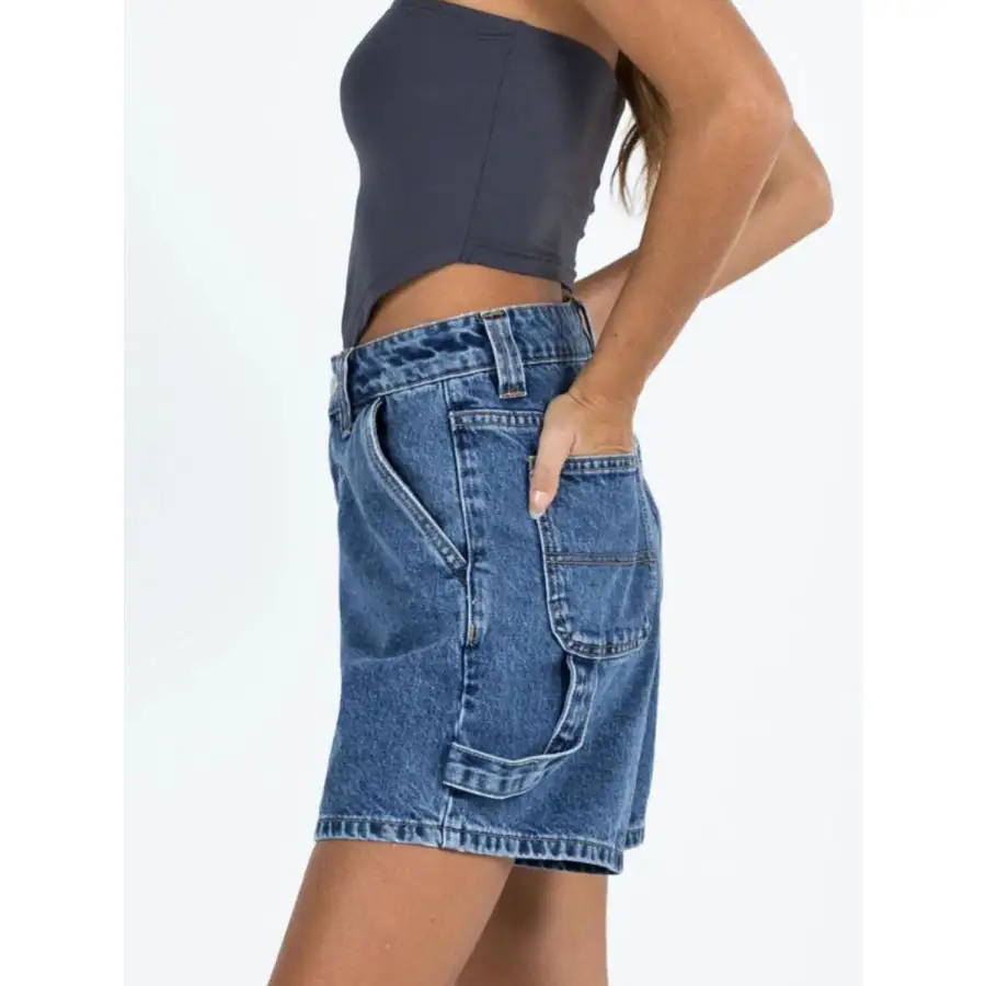 High Rise Pocketed Washed Denim Shorts