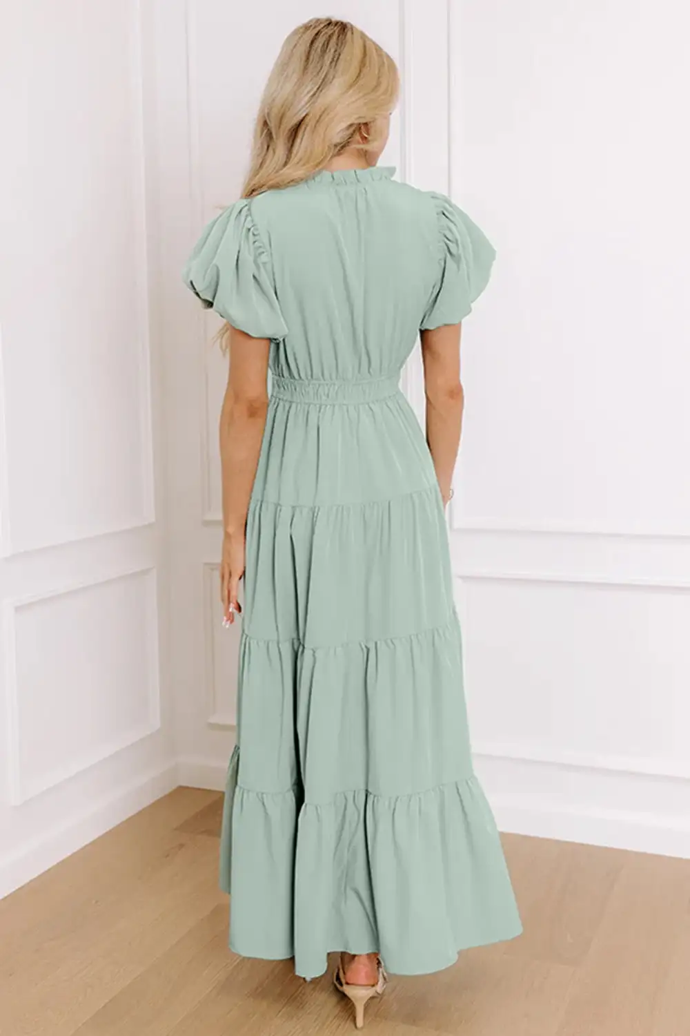 Clearly Aqua Solid Color V Neck Short Puff Sleeve