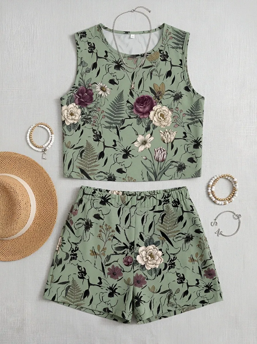 Women's Botanical Garden Floral Printed Sleeveless Shorts Set