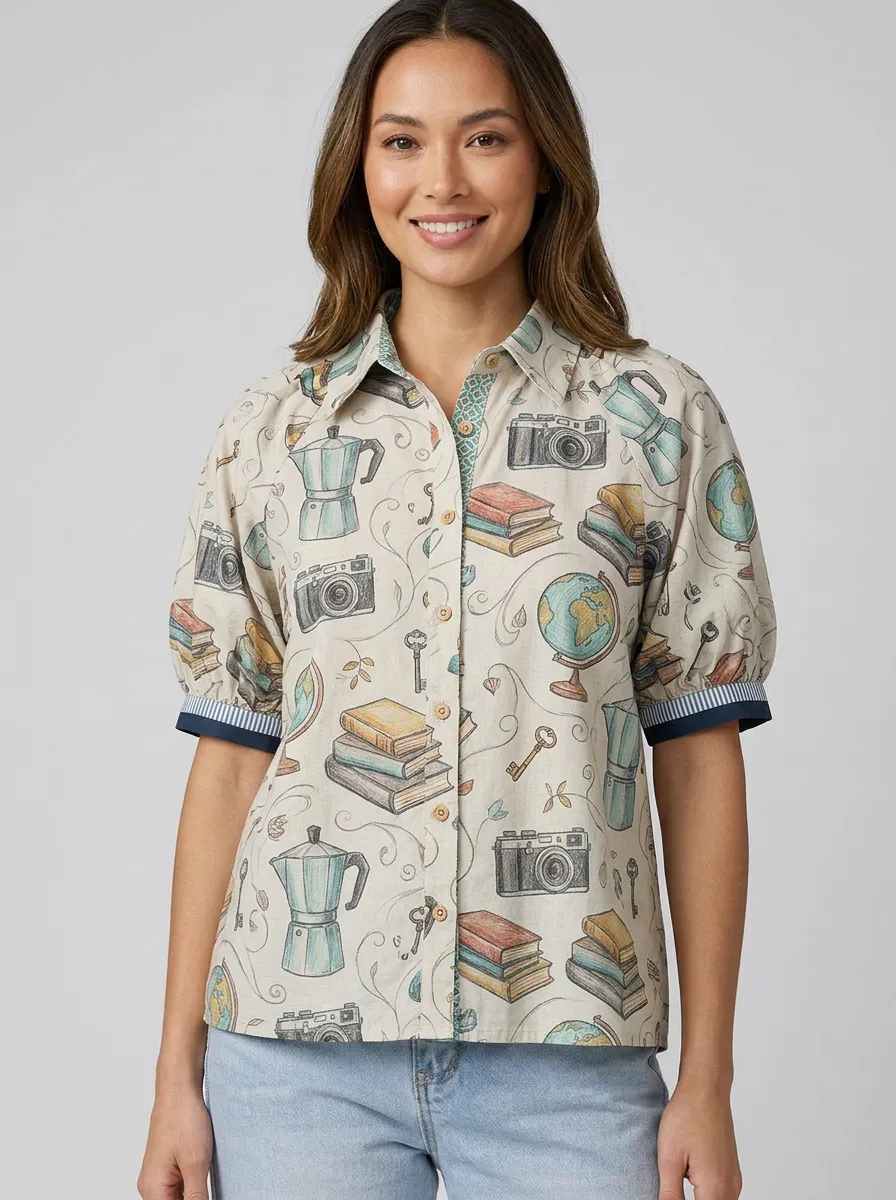 Women's Travel Inspired Camera Book Coffee Printed Shirt