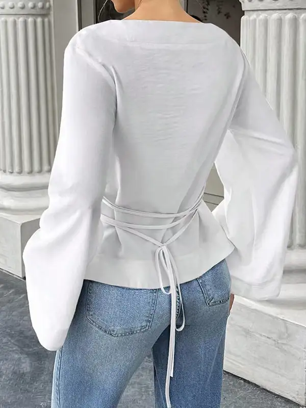 Elastic Waist Flared Sleeve Panel Detail Tie Waist Round Neck T-Shirt