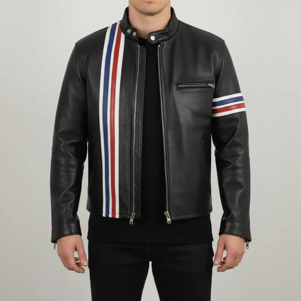 Modern Leather Biker Motorcycle Striped Jacket