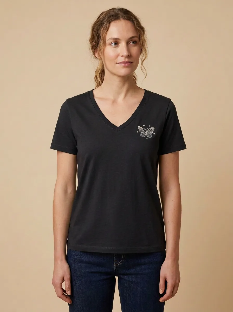 Women's Butterfly-Embroidered V-Neck T-Shirt