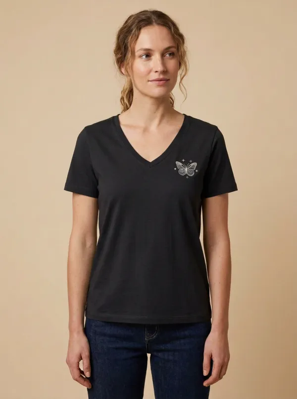 Women's Butterfly-Embroidered V-Neck T-Shirt