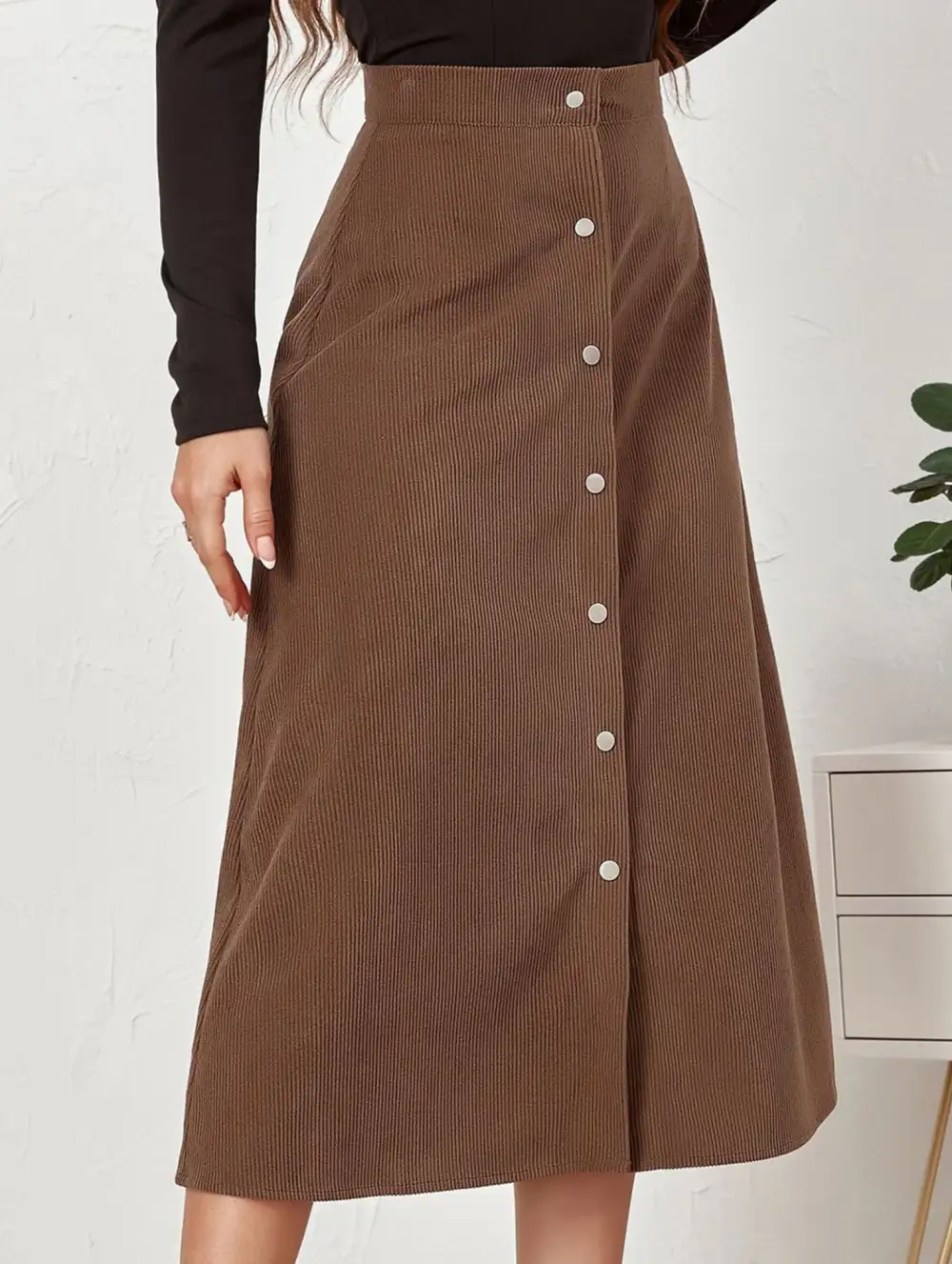 Corduroy Button Front Midi Skirt