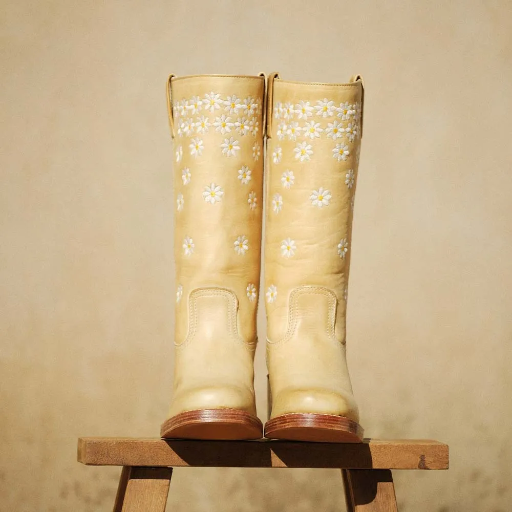 Faux-Leather Embroidered Floral Round-Toe Western Boots