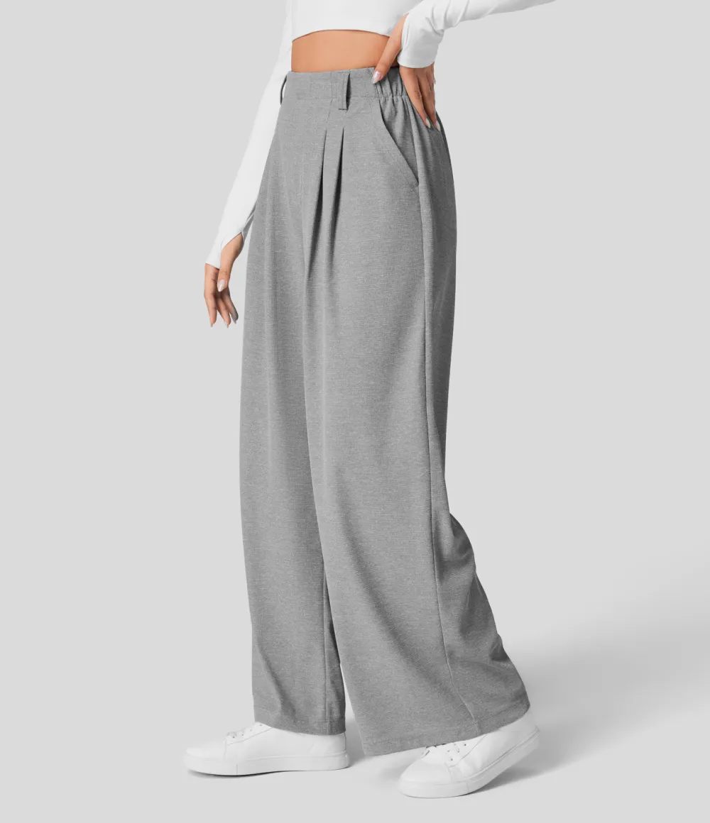 2026🔥  High Waisted Plicated Side Pocket Wide Leg Waffle Work Pants