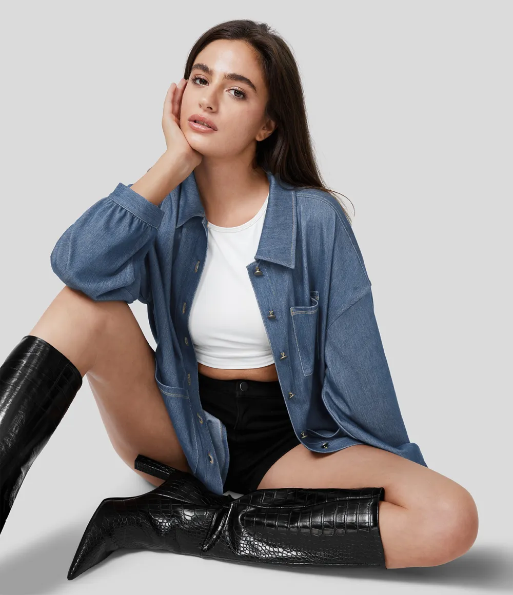 Magic Collared Multiple Pockets Button Front Split Curved Hem Stretchy Knit Denim Work Oversize Jacket