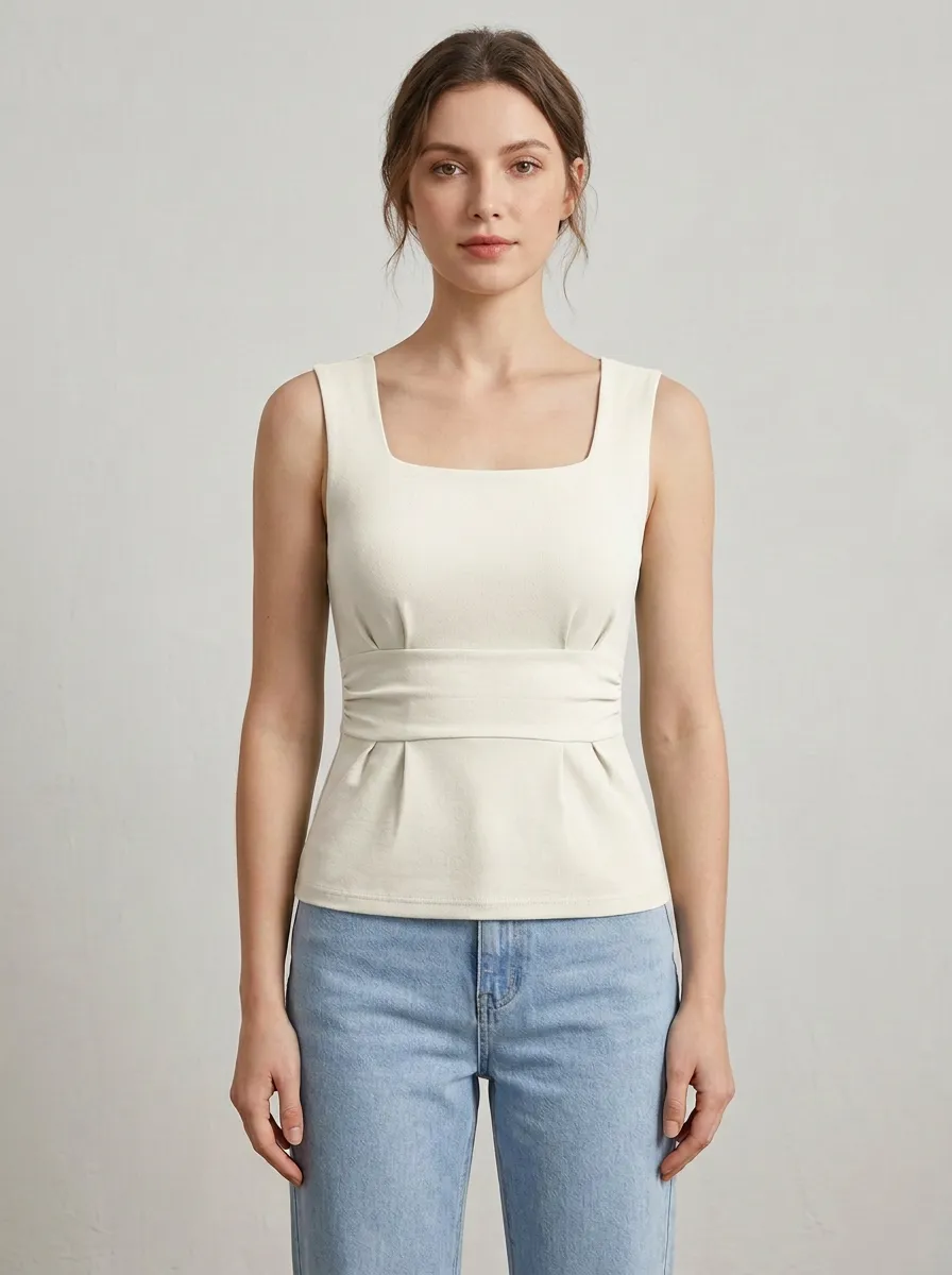 Square-Neck Pleated Tank Top
