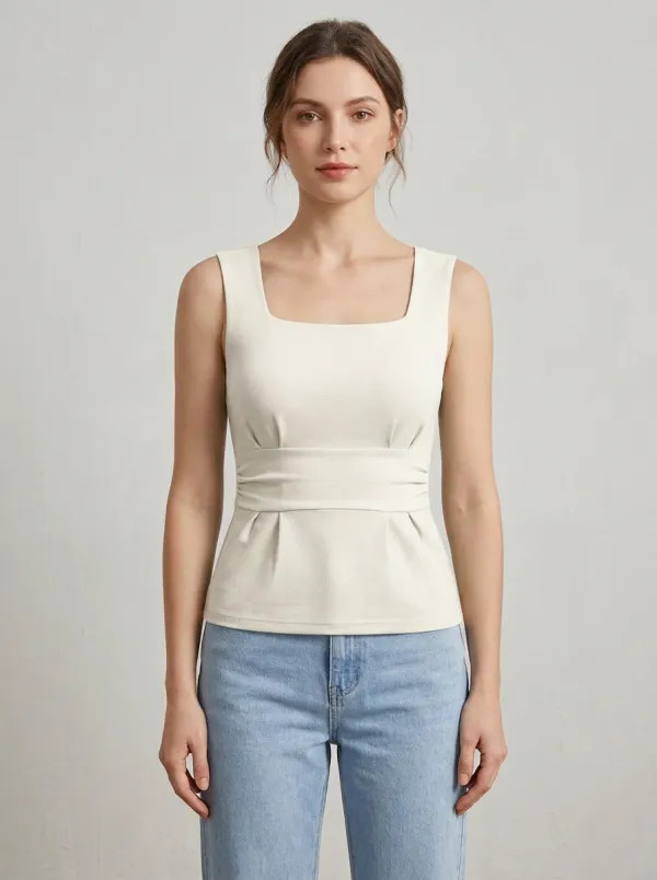 Square-Neck Pleated Tank Top