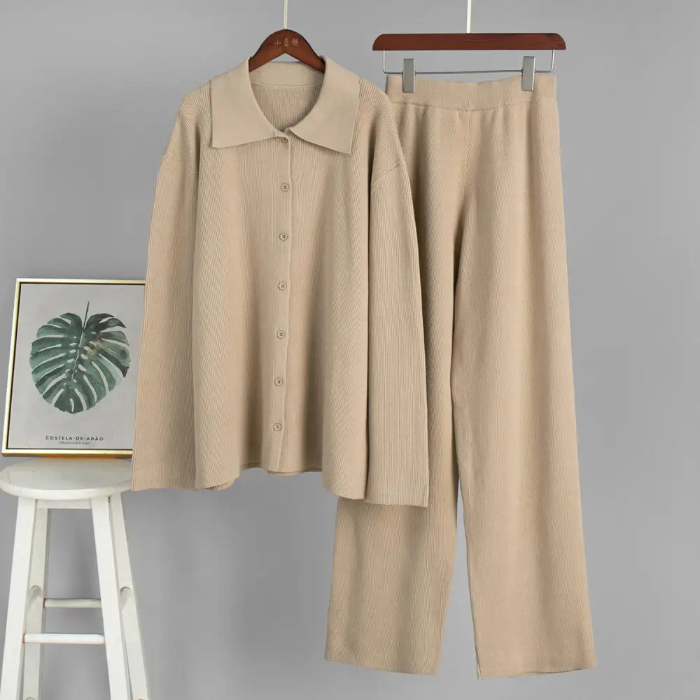 Relaxed Ribbed Sweater And Pants Set With Collar