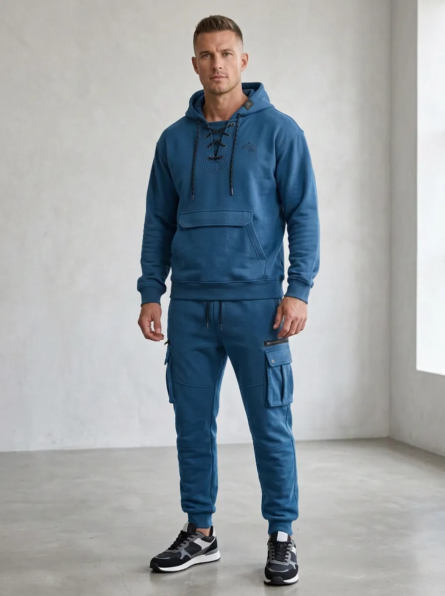 Trail-Inspired Lace-Up Multi Pocket Heritage Look Men's Lace Up Hoodie And Cargo Jogger Set