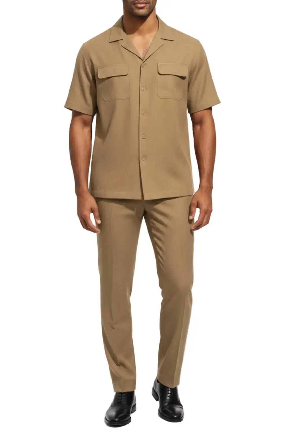 Khaki Regular Fit Linen Flat Front Short Sleeve Walking Suit Set