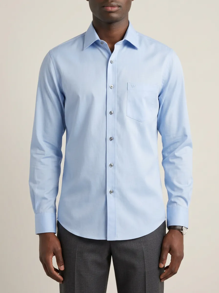 Men's Non-Iron Cotton Light Blue Embroidered Logo Dress Shirt