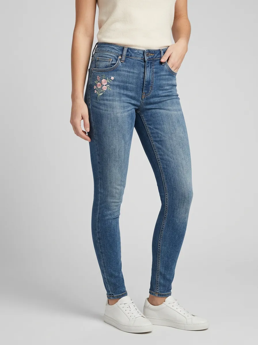 Women's Floral Embroidery Pink Flower Printed Slim Jeans