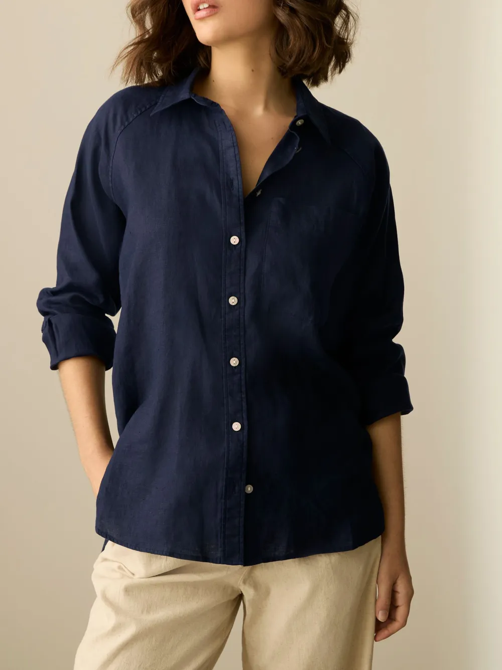 Linen Flat Collar Loose Long Sleeve Shirt