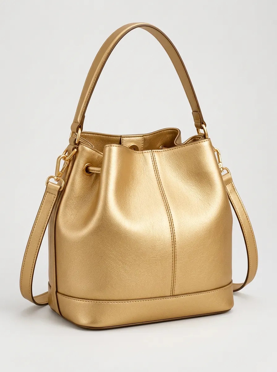 Women's Subtle Gold Tone Drawstring Bucket Bag with Metallic Gold Finish