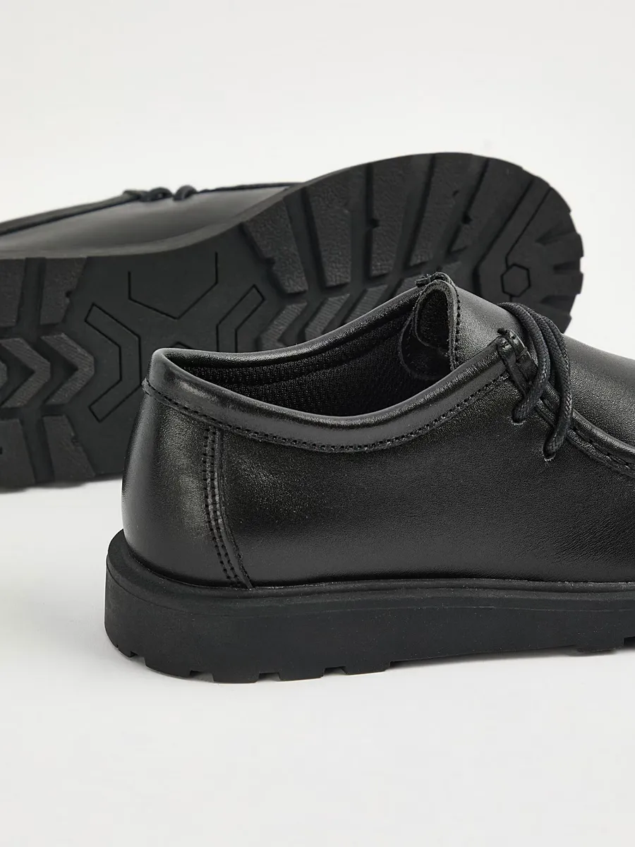 Black Leather Lace Up Moccasin School Shoes