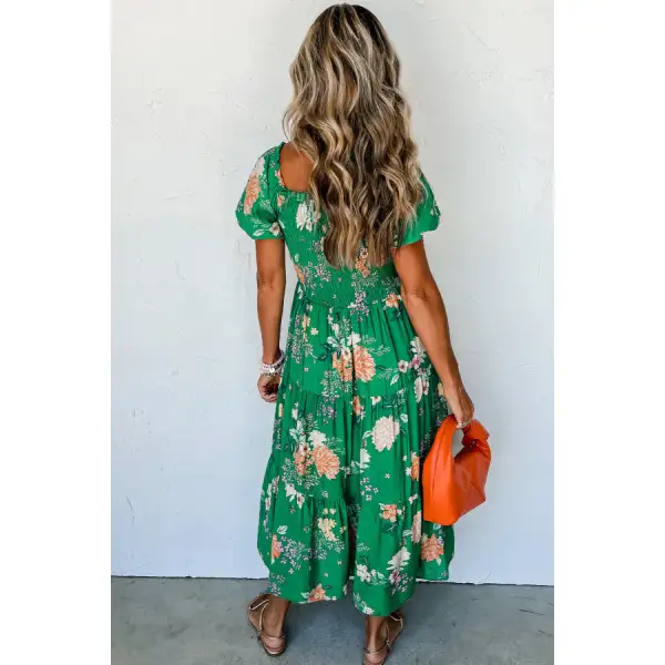 Print Bubble Sleeve Smocked Tiered Midi Dress