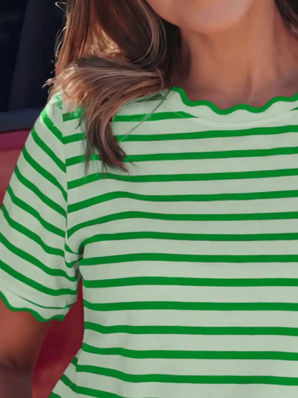 Striped Scallop Trimmed Round Neck T Shirt