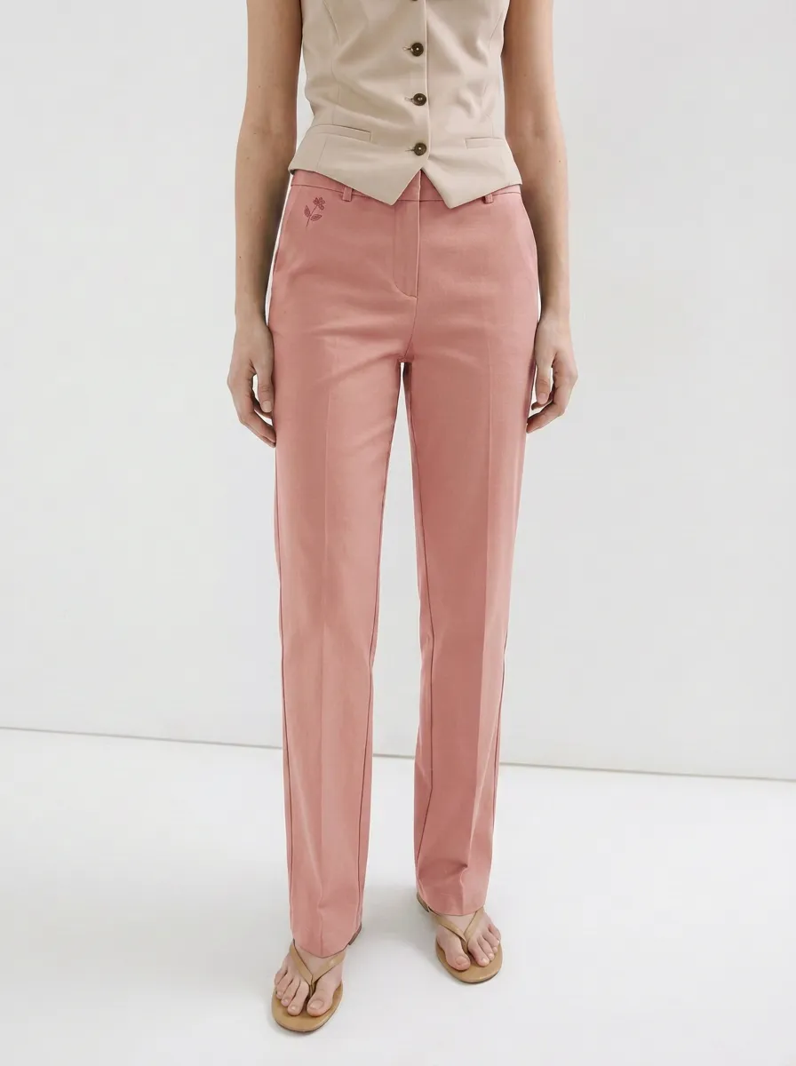 Women's Minimalist Floral Embroidery Olive Green Mid-Rise Straight Pants