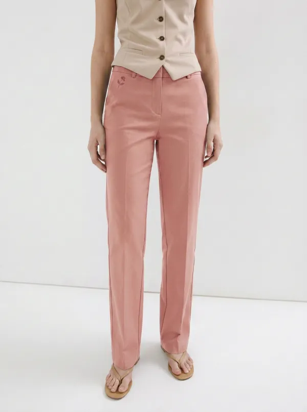 Women's Minimalist Floral Embroidery Olive Green Mid-Rise Straight Pants