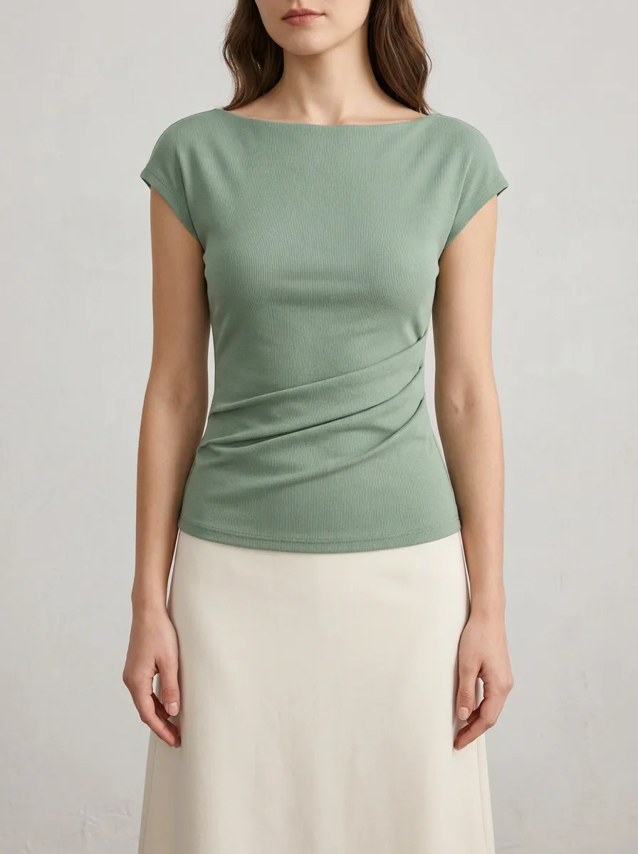 Waist-Ruched Ruched Ribbed Fitted Top