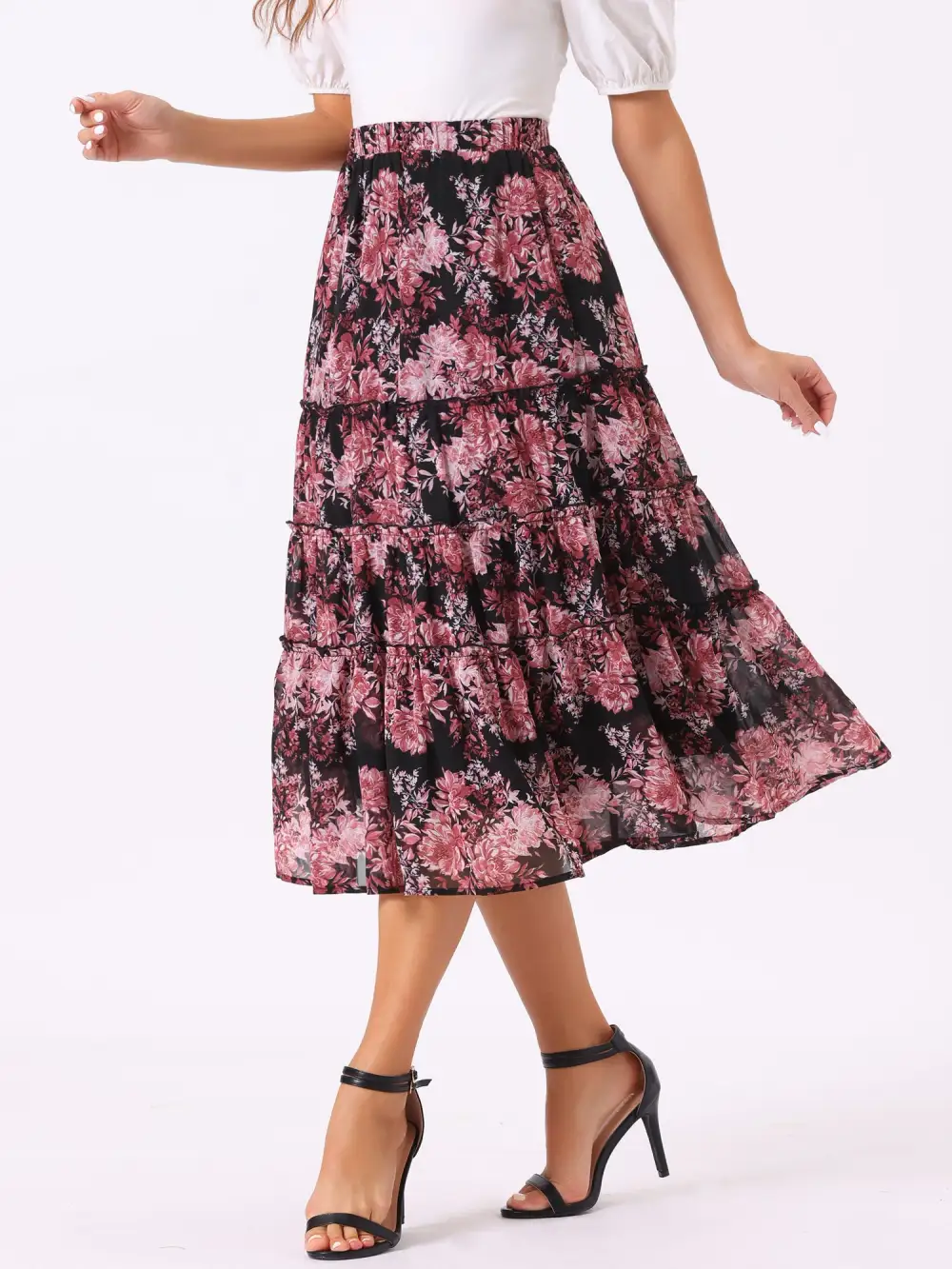 Chiffon Floral-Print Long Tiered Ruffle Boho Midi Skirt