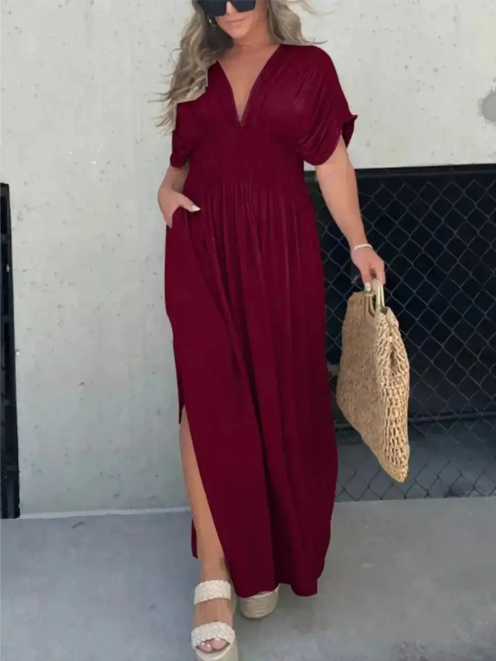 V Neck Smocked Slit Maxi Dress