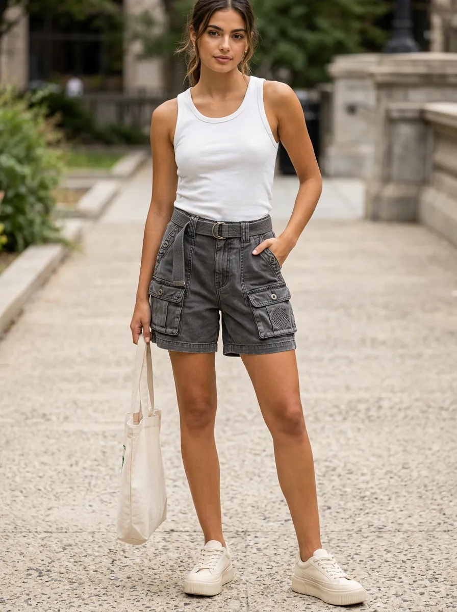 Women's Casual Streetwear Grey Washed Multi-Pocket Belted Cargo Shorts