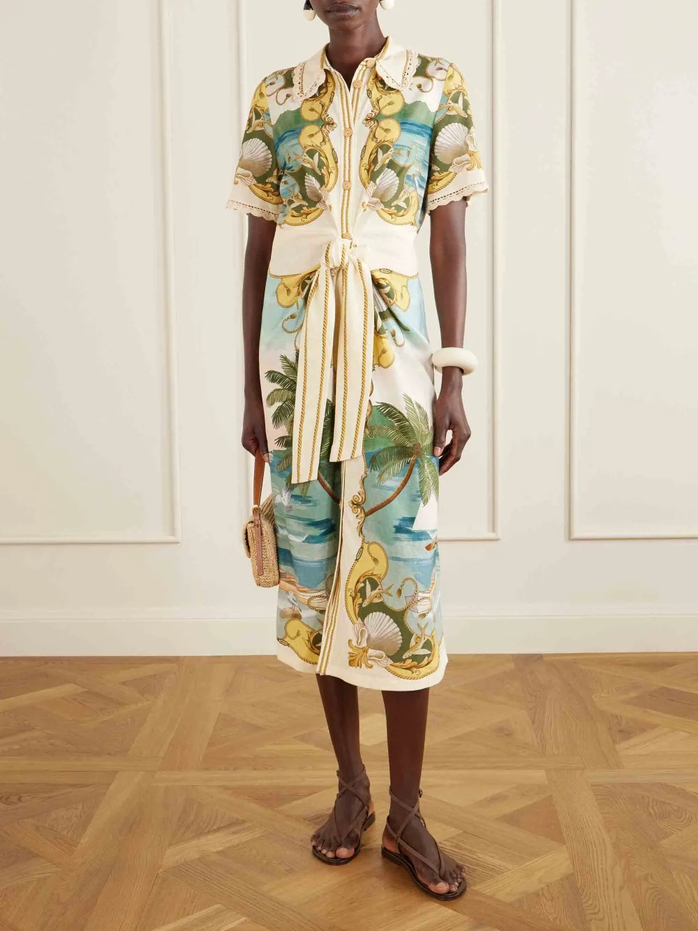 Palm And Shell Print Button Front Midi Dress