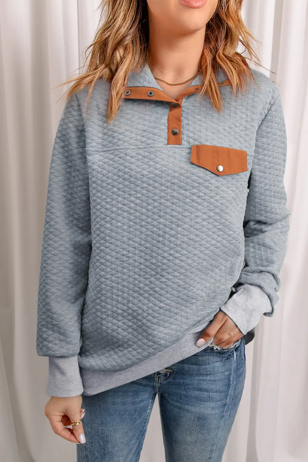Quilted Snaps Stand Neck Fake Front Pocket Sweatshirt