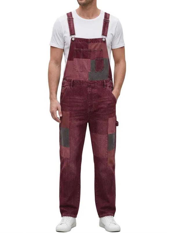Patchwork Denim Flap Pocket Overalls