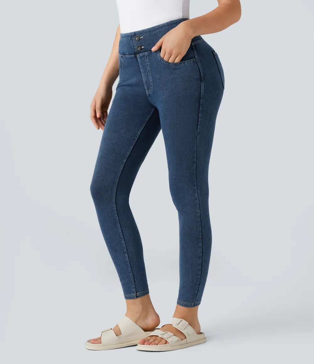Magic Curvy High Waisted Decorative Button Multiple Pockets Stretchy Knit Denim Casual 7/8 Leggings