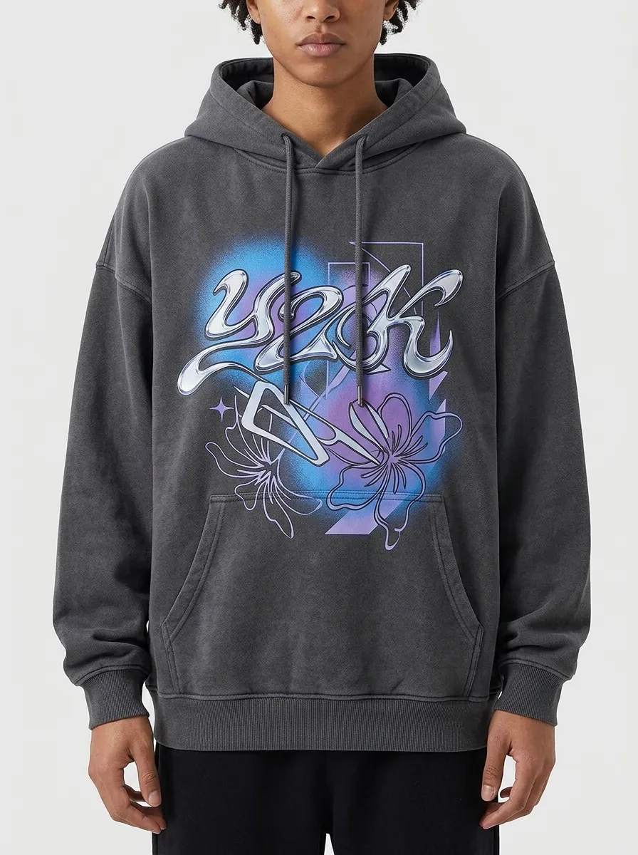 Unisex Y2K Floral Chrome Lettering Hoodie
