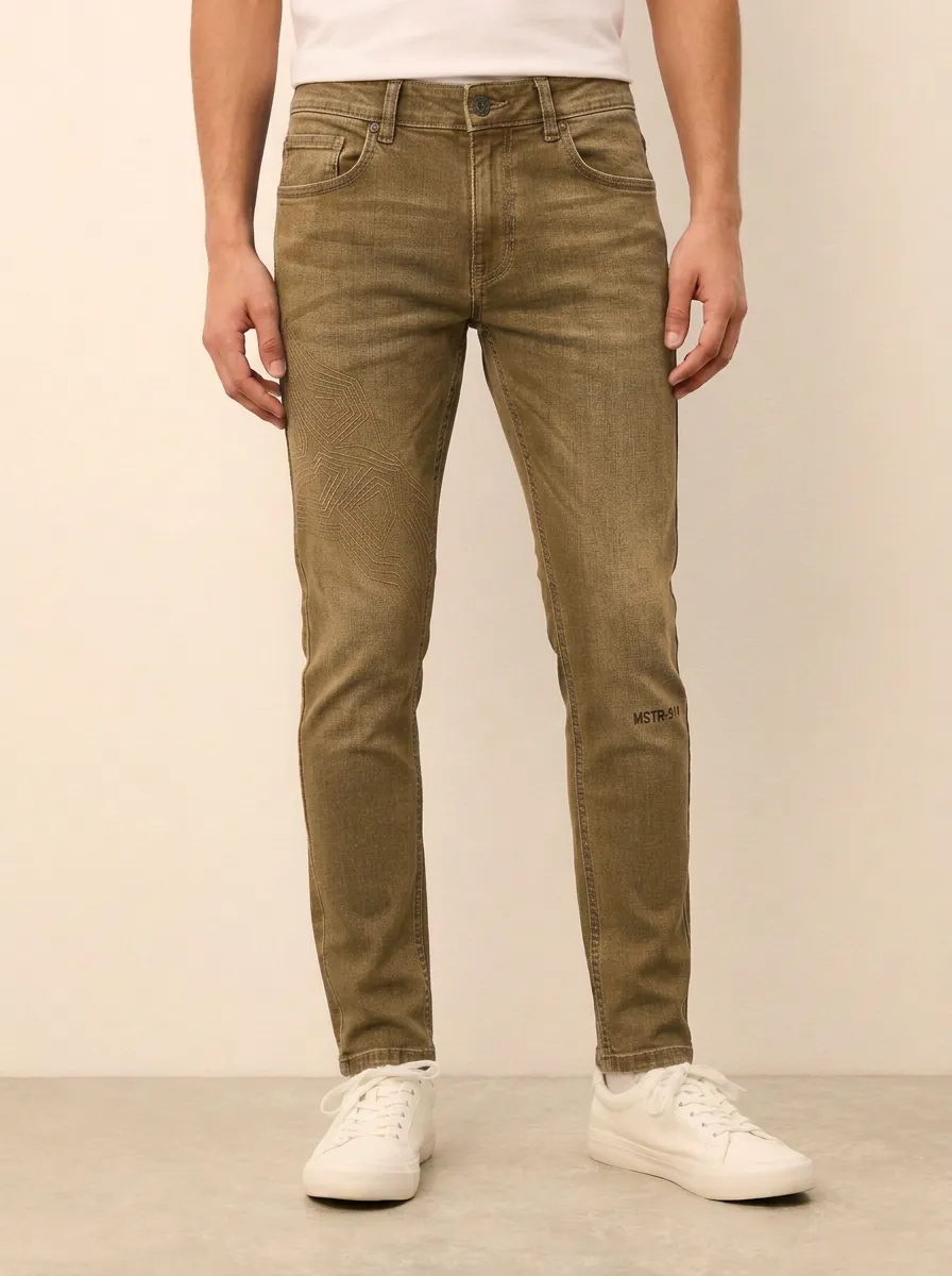 Men's Ridge Geometric Pattern Embroidered Printed Stretch Jeans