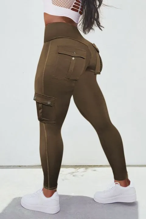 Solid Flap Pocket High Waist Leggings