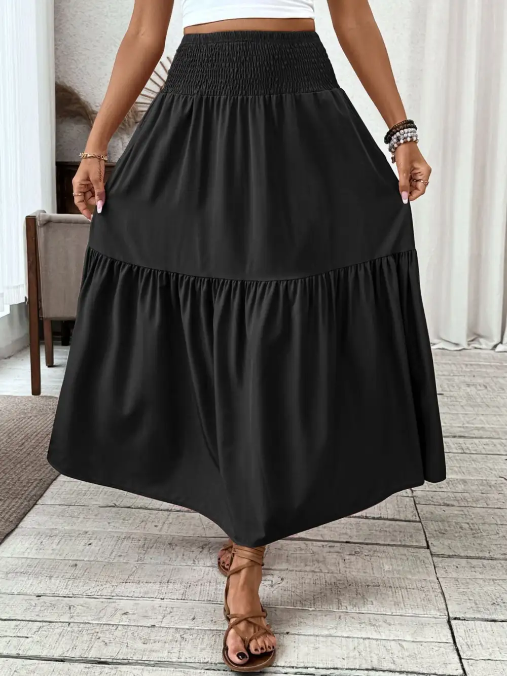 Tailored Smocked Ruffle Trim Detail Skirt