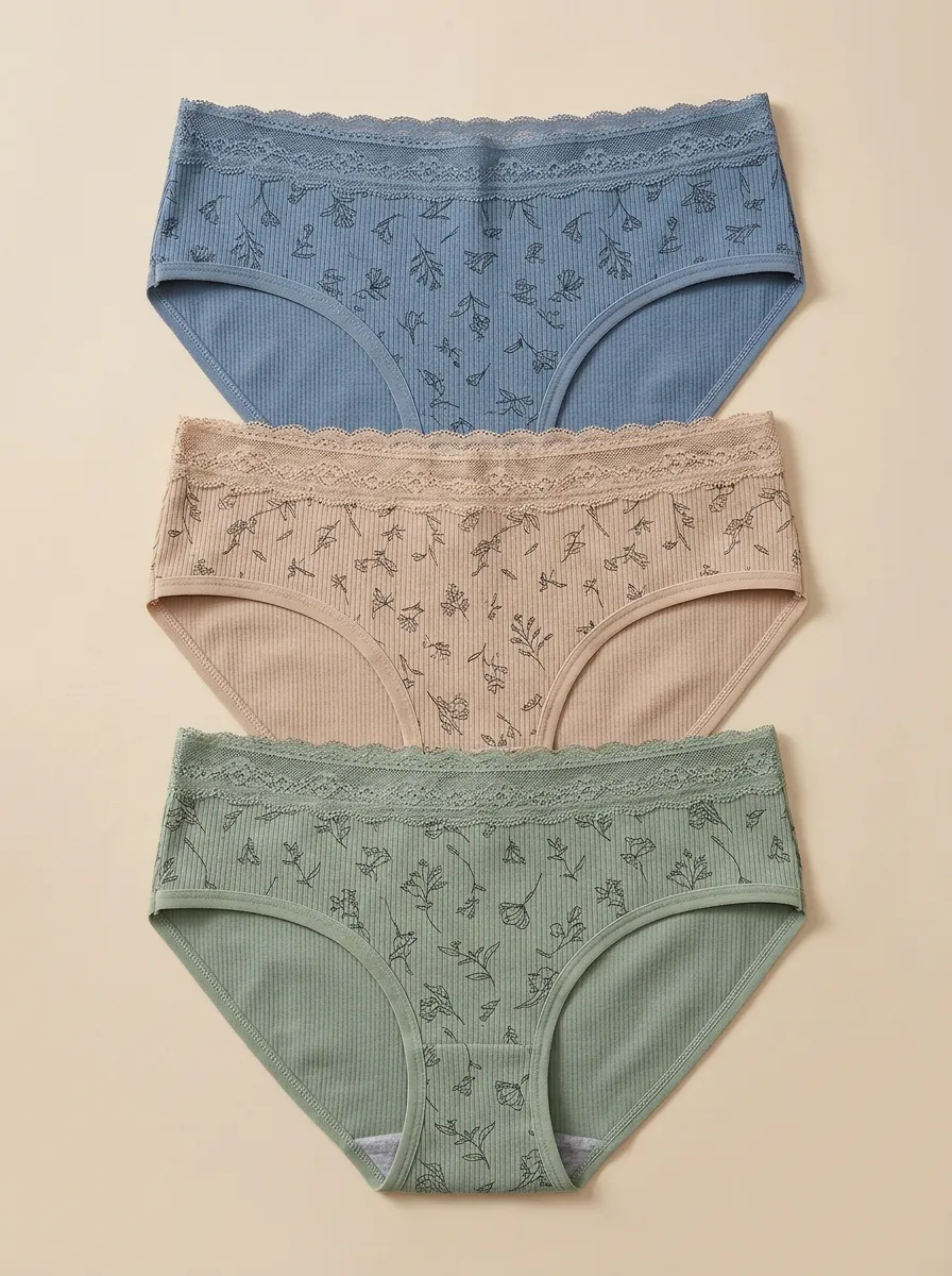 Women's Floral Lace Trim Ribbed Mid-Rise Briefs 3-Pack