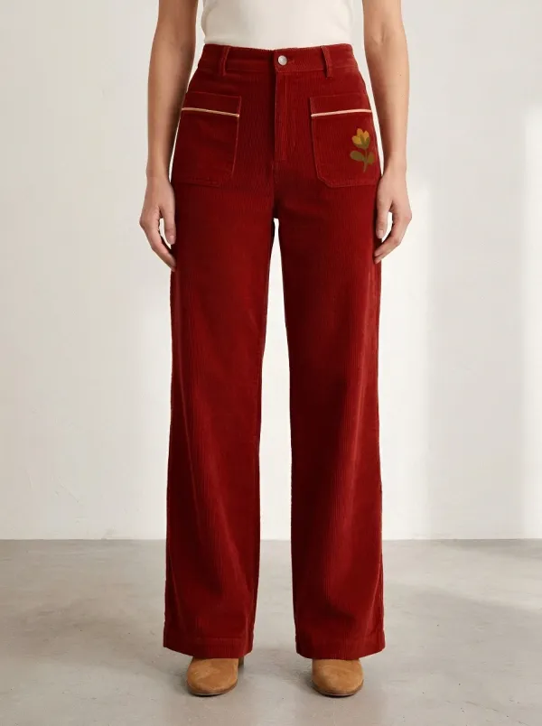 Women's Vintage Floral Pocket Embroidered Printed Corduroy Pants