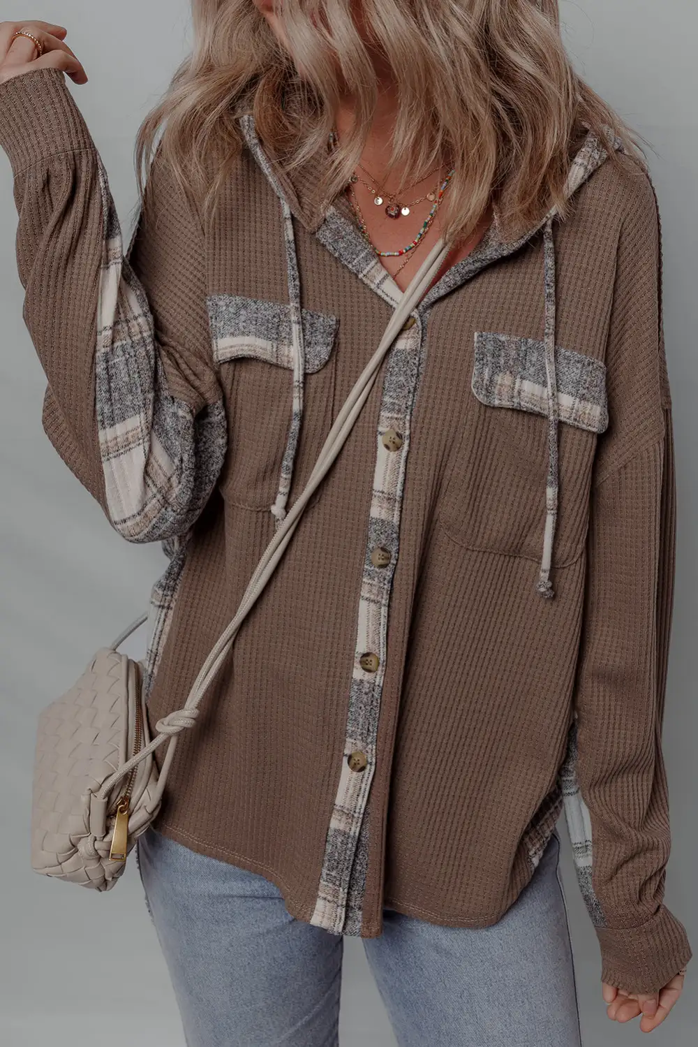 Women's Plaid Patchwork Button Down Drawstring Hooded Shacket