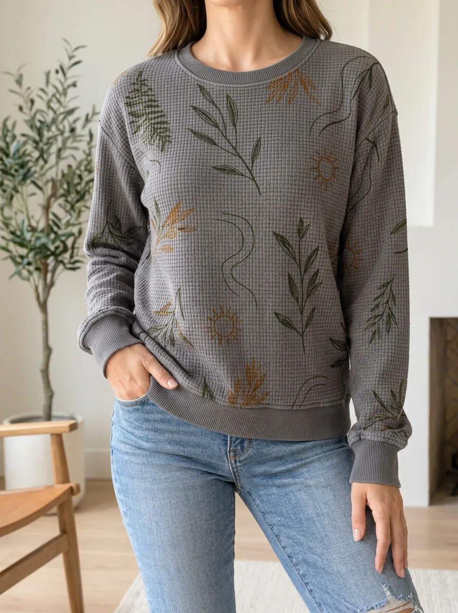 Women's Botanical Sun Patterned Waffle Knit Crewneck Sweatshirt