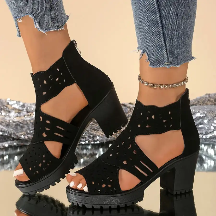 Refined Cutout Block Heels Sandals