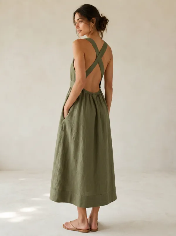 Women's Simple Casual Cross-Back Linen Backless Dress