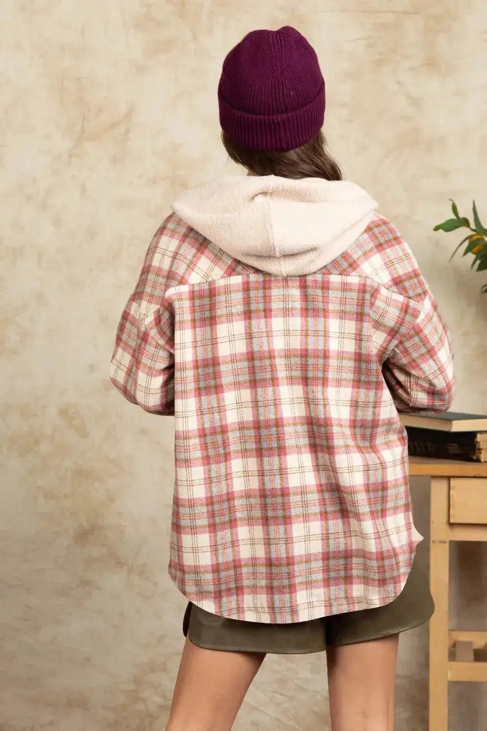 Plaid Hooded Button Front Pocketed Casual Jacket