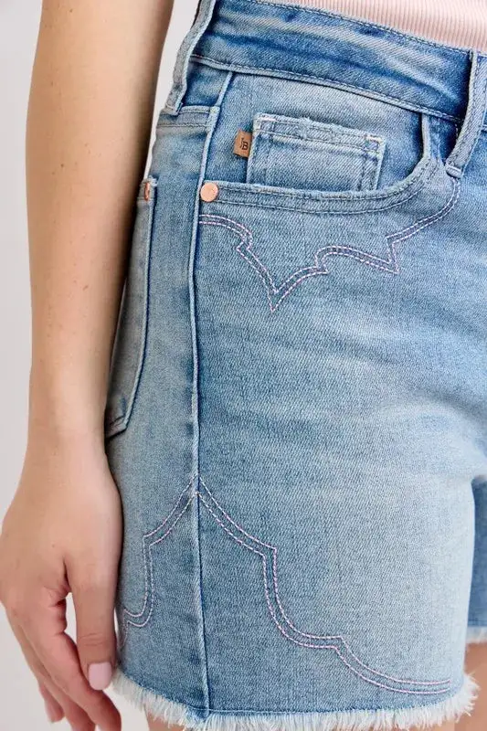 High Waist Embroidery Detail Cut Shorts Denim Pants